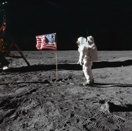 American Astronaut Edwin E. Aldrin Jr., lunar module pilot of first lunar landing mission, near United States flag during Apollo 11 extravehicular activity on moon surface, photo by Neil Armstrong, Johnson Space Center, NASA July 21, 1969  Copyright: xCircaxImagesx ghi-circa12392
