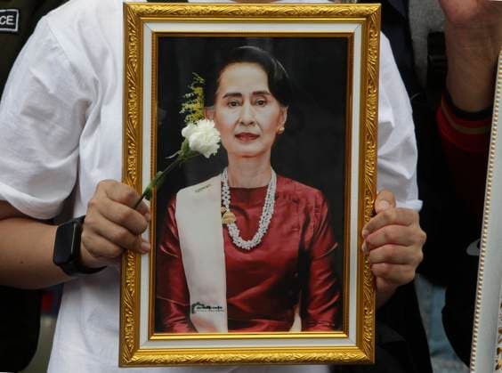 February 1, 2024, Bangkok, Thailand: A protester holds a portrait of Aung San Suu Kyi during a rally to mark the third anniversary of the coup in Myanmar in front of the United Nations Building in Bangkok. Myanmar s military seized power on February 1, 2021, ousting the civilian government and arresting its de facto leader, Aung San Suu Kyi. Bangkok Thailand - ZUMAs197 20240201_aaa_s197_012 Copyright: xChaiwatxSubprasomx