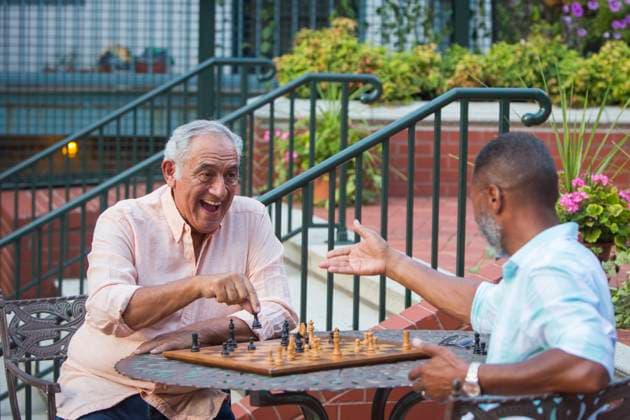Friends playing chess in garden Richmond, Virginia, USA, 11.08.2016, model released, TTBB_BLD237004.jpg, 65-69 years, 70-74 years, active seniors, african-american ethnicity, authentic, authenticity, board game, candid, challenge, chess, color image, competing, competition, day, diversity, enjoying, friend, game, garden, happy, horizontal, latin american and hispanic ethnicity, laughing, leisure activity, man, meeting, multi-ethnic group, multicultural, multiculturalism, nature, outdoors, park, people, photography, playful, playing, real people, recreation, richmond, selective focus, senior adult, senior men, sitting, smiling, strategy, surprise, three quarter length, two people, united states, victory, virginia, winning, minority, minorit Copyright: xWHLx