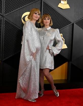 (L-R) Holly Laessig and Jess Wolfe of Lucius attend the 66th annual Grammy Awards at the Crypto.com Arena in Los Angeles on Sunday, February 4, 2024.  LAP20240204153 JIMxRUYMEN