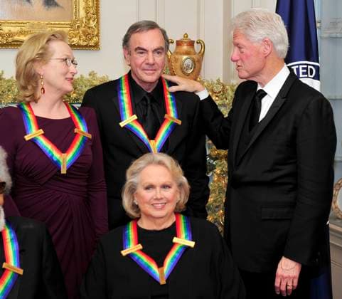 2011 Kennedy Center Honors Gala Dinner Meryl Streep, left, and Neil Diamond, center, recipients of the 2011 Kennedy Center Honors, share some thoughts with former United States President Bill Clinton after posing for a photo following a dinner hosted by United States Secretary of State Hillary Rodham Clinton at the U.S. Department of State in Washington, D.C. on Saturday, December 3, 2011. Barbara Cook is in the photo at bottom center. The 2011 honorees are actress Meryl Streep, singer Neil Diamond, actress Barbara Cook, musician Yo-Yo Ma, and musician Sonny Rollins..Credit: Ron Sachs CNP Washington District of Columbia United States of America EDITORIAL USE ONLY Copyright: xx _CNP0288 RonxSachsx cnpphotos035129