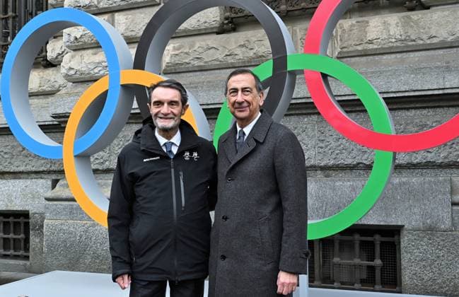 Milan,Italy MILAN CORTINA 2026 THE OLYMPIC AND PARALYMPIC SYMBOLS UNVEILED IN PIAZZA SCALA IN MILAN with sports institutions, regional municipalities In the photo:Attilio Fontana President RLe Giuseppe Sala Mayor MI Olympic symbols MILAN CORTINA 2026  Copyright: xNickxZonnax xipa-agency.netx xNickxZonnax IPA_Agency_IPA43225829