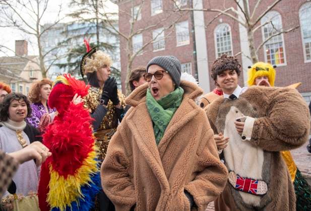 US actress Annette Bening cheers before a parade, through the Harvard Yard in her honor, as she is named the Harvard University s Hasty Pudding Theatricals 2024 Woman of the Year in Cambridge, MA on Tuesday, February 06, 2024.  BOS20240206004 AmandaxSabga