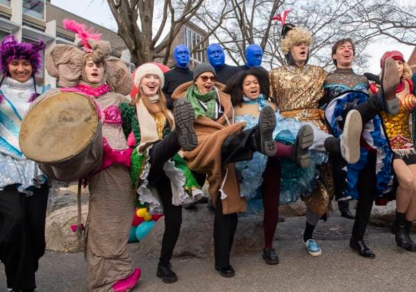US actress Annette Bening, flanked by Harvard students, does a high kick with students following a parade, through the Harvard Yard in her honor, as she is named the Harvard University s Hasty Pudding Theatricals 2024 Woman of the Year in Cambridge, MA on Tuesday, February 06, 2024.  BOS20240206026 AmandaxSabga