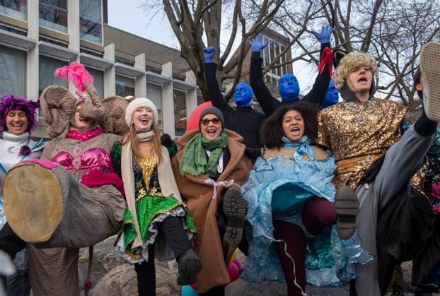 US actress Annette Bening, flanked by Harvard students, does a high kick with students following a parade, through the Harvard Yard in her honor, as she is named the Harvard University s Hasty Pudding Theatricals 2024 Woman of the Year in Cambridge, MA on Tuesday, February 06, 2024.  BOS20240206029 AmandaxSabga