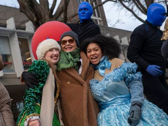 US actress Annette Bening (C) hugs Harvard students Emma Rogers, 21, and Isabel Wilson, 19, following a parade, through the Harvard Yard in her honor, as she is named the Harvard University s Hasty Pudding Theatricals 2024 Woman of the Year in Cambridge, MA on Tuesday, February 06, 2024.  BOS20240206034A AmandaxSabga