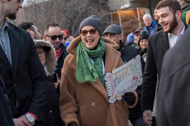US actress Annette Bening reacts following a parade, through the Harvard Yard in her honor, as she is named the Harvard University s Hasty Pudding Theatricals 2024 Woman of the Year in Cambridge, MA on Tuesday, February 06, 2024.  BOS20240206038 AmandaxSabga