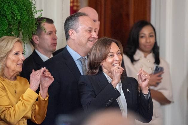 United States Vice President Kamala Harris sings along as Durrell Tank Babbs performs at the Black History Month Reception at the White House after United States President Joe Biden gave remarks in Washington, DC on Tuesday, February 6, 2024.  WAX2240206221 AnnabellexGordon