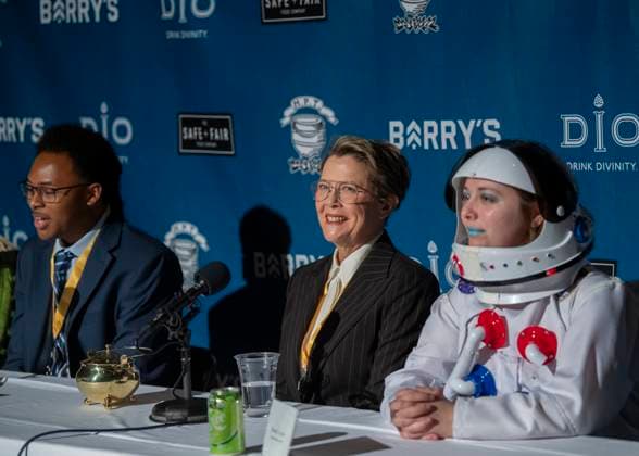 US actress Annette Bening, joined by Harvard students, takes questions during a press conference, following a roast in her honor, as she is named the Harvard University s Hasty Pudding Theatricals 2024 Woman of the Year in Cambridge, MA on Tuesday, February 06, 2024.  BOS20240206040 AmandaxSabga