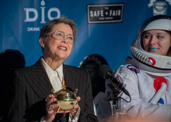 US actress Annette Bening holds her Pudding Pot during a press conference, following a roast in her honor, as she is named the Harvard University s Hasty Pudding Theatricals 2024 Woman of the Year in Cambridge, MA on Tuesday, February 06, 2024.  BOS20240206046 AmandaxSabga