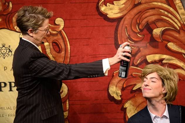 February 6, 2024, Cambridge, Massachusetts, USA: Actress Annette Bening sprays hairspray on cast member Bernardo de Moura Sequeira after attempting to cut him a pixie cut at the 2024 Woman of the Year Award roast presented by Harvard UniversityÃ¢â‚¬â ¢s Hasty Pudding Theatricals to Bening in Cambridge, Massachusetts on Tuesday, Feb. 6, 2024. Bening was named the 57th Woman of the Year following an Academy Award nomination, her 5th nomination in her career, for her role in the 2023 film Ã¢â‚¬oeNyad. Cambridge USA - ZUMAb251 20240206_znp_b251_002 Copyright: xAndrewxBurke-Stevensonx