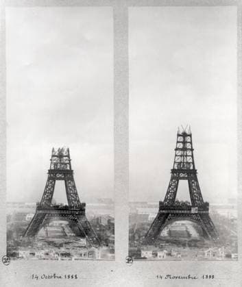 Two views of the construction of the Eiffel Tower, Paris, 14th October and 14th November 1888 (b w photo) XIR160462 Two views of the construction of the Eiffel Tower, Paris, 14th October and 14th November 1888 (b w photo) by French School, (19th century); Musee de la Ville de Paris, Musee Carnavalet, Paris, France; (add.info.: designed by Gustave Eiffel (1832-1923) for the Universal Exhibition of 1889;). Copyright: xBridgemanxImagesx 160462