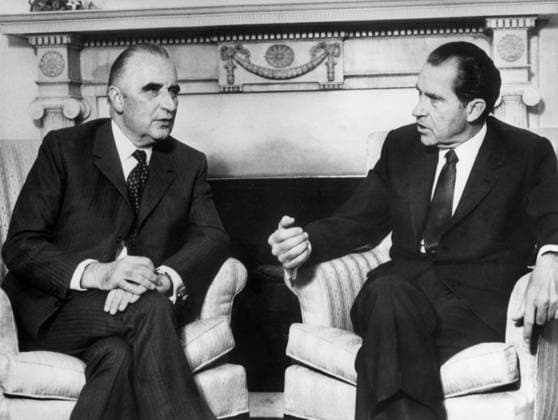 Georges Pompidou, French President, and Richard Nixon, American President, at The Azores December 13, 1971 (b w photo) 1670068 Georges Pompidou, French President, and Richard Nixon, American President, at The Azores December 13, 1971 (b w photo); (add.info.: Georges Pompidou, French president, and Richard Nixon, american president, at the Azores december 13, 1971). Copyright: xBridgemanxImagesx 1670068