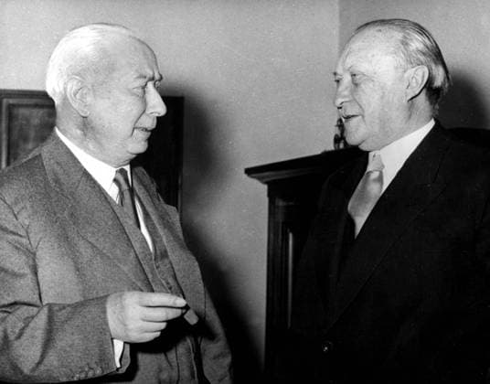 Konrad Adenauer (1876-1967) German chancellor appoints Theodor Heuss (1884-1963), Minister of Foreign Affairs of the FRG (Federal Republic of Germany), 1955 1704915 Konrad Adenauer (1876-1967) German chancellor appoints Theodor Heuss (1884-1963), Minister of Foreign Affairs of the FRG (Federal Republic of Germany), 1955; (add.info.: Konrad Adenauer (1876-1967) german chancellor (1949-1963) appointed the professor Theodor Heuss (1884-1963), minister of the foreign affair of the FRG(Federal Republic of Germany)). Copyright: xBridgemanxImagesx 1704915