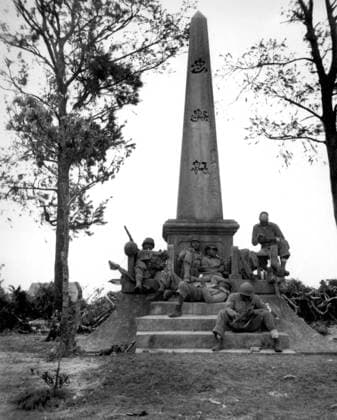 Soldiers at the Base of a Japanese War Memorial, Battle of Okinawa, 12th April 1945 (b w photo) 1720215 Soldiers at the Base of a Japanese War Memorial, Battle of Okinawa, 12th April 1945 (b w photo) by American Photographer, (20th century); (add.info.: Okinawa battle in Japan : black soldiers pause for a moments rest at the base of a Japanese war memoria april 12, 1945). Copyright: xBridgemanxImagesx 1720215