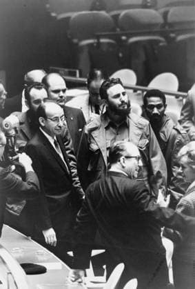 Fidel Castro at a meeting of the United Nations General Assembly, 1960 (b w photo) 1766067 Fidel Castro at a meeting of the United Nations General Assembly, 1960 (b w photo) by Leffler, Warren K. (1926-2014); Private Collection; (add.info.: Fidel Alejandro Castro Ruz (1926-2016) Cuban politician and revolutionary, Prime Minister of the Republic of Cuba from 1959-76, President 1976-2008. He resigned from the Central Committe of the Communist Party of Cuba in 2011. ). Copyright: xBridgemanxImagesx 1766067