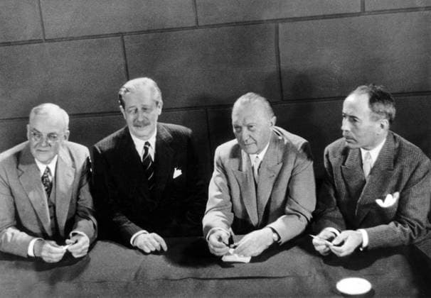 Foster Dulles, McMillan, Adenauer, Pinay 1794418 Foster Dulles, McMillan, Adenauer, Pinay by Unknown photographer, (20th century); (add.info.: American secretary of state John Foster Dulles, english prime minister Harold Macmillan, german chancellor Konrad Adenauer and french foreign minister Antoine Pinay at Astoria Hotel in New York before the San Francisco conference (where the United Nations Charter was drafted) june 20, 1955). Copyright: xBridgemanxImagesx 1794418