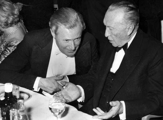 Ducan Sandys et Conrad Adenauer en 1959 1805029 Ducan Sandys et Conrad Adenauer en 1959 by Unknown photographer, (20th century); (add.info.: Meeting between Duncan Sandys (1908-1987) english Minister of Defence and Konrad Adenauer (1876-1967) german chancellor (1949-1963) during the dinner at Grosvenor House in London, on november 17th, 1959). Copyright: xBridgemanxImagesx 1805029