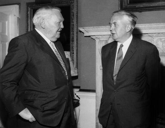Mr Harold Wilson et Dr Ludwig Erhard 1864500 Mr Harold Wilson et Dr Ludwig Erhard by Unknown photographer, (20th century); (add.info.: Mr Harold Wilson (right) during a meeting with German Chancellor Dr Ludwig Erhard in London on 23 May 1966). Copyright: xBridgemanxImagesx 1864500