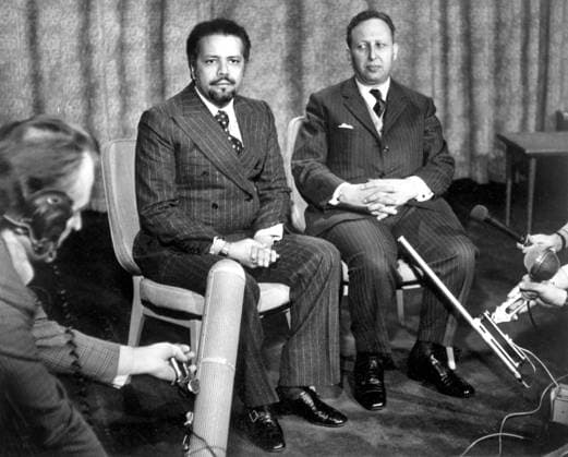Sheik Ahmed Zaki Yamani and Belaid Abdesselam 1979786 Sheik Ahmed Zaki Yamani and Belaid Abdesselam by Unknown photographer, (20th century); (add.info.: At Heathrow airport in London, arabian ministers of oil during a press conference : l-r : Sheik Ahmed Zaki Yamani, saudi minister of oil, and Belaid Abdesselam (algerian minister of energy) november 30, 1973). Copyright: xBridgemanxImagesx 1979786