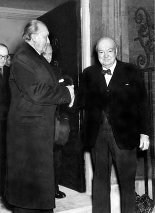 Konrad Adenauer 2272004 Konrad Adenauer by Unknown photographer, (20th century); (add.info.: german chancellor Konrad Adenauer meeting Sir Winston Churchill at 10 Downing Street, London about european issues february 18, 1952). Copyright: xBridgemanxImagesx 2272004