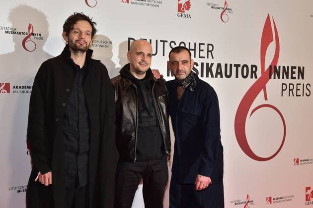 15 Deutscher Musikautor innenpreis Musician group MODERAT, Dance Elektro, from left to right Sascha Ring, Gernot Bronsert, Sebastian Szary Arrival at the award ceremony of the 15 Deutscher Musikautor innenpreis at the Hotel Ritz in Berlin, on 08 02 2024 Photopress Mueller