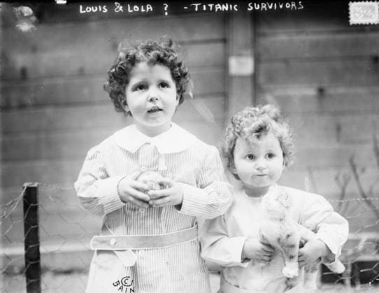 two survivors of the Titanic, 1912 (b w photo) 3247871 two survivors of the Titanic, 1912 (b w photo) by Bain, George Grantham - Bain News Service (1865-1944); Private Collection; (add.info.: RMS TITANIC struck an iceberg in April 1912 and sank, killing more than 1,500 people. RMS Carpathia picked up survivors and took them to New York, including these French brothers Michel (age 4) and Edmond Navratil (age 2) who were orphaned. Their father who drowned was travelling under the name Louis Hoffman and used their nicknames, Lolo and Mamon.). Copyright: xBridgemanxImagesx 3247871