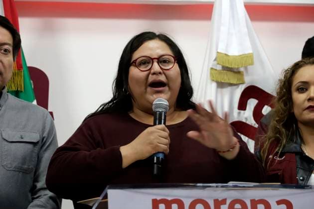 February 10, 2024, Mexico City, Mexico: General secretary of the National Regeneration Movement party (MORENA), Citlalli Hernandez speaks, during a press conference at the party s national headquarters in Mexico City. on February 10, 2024 in Mexico City, Mexico Mexico City Mexico - ZUMAe321 20240210_zia_e321_005 Copyright: xLuisxBarronx