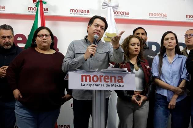 February 10, 2024, Mexico City, Mexico: President of the National Regeneration Movement party (MORENA), Mario Delgado (L) and the general secretary Citlalli Hernandez, during a press conference at the party s national headquarters in Mexico City. on February 10, 2024 in Mexico City, Mexico Mexico City Mexico - ZUMAe321 20240210_zia_e321_007 Copyright: xLuisxBarronx