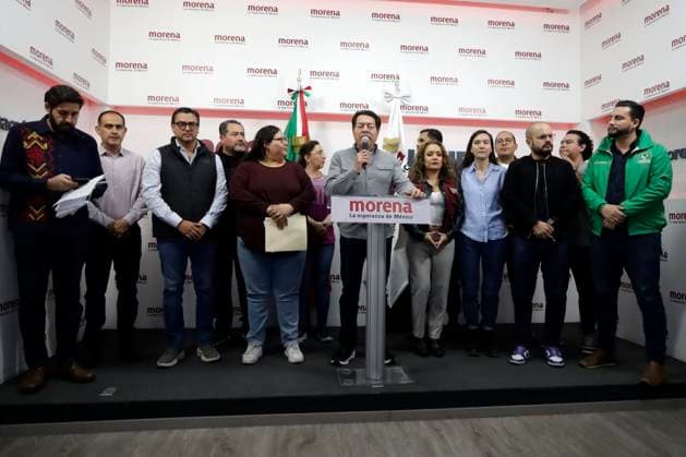 February 10, 2024, Mexico City, Mexico: President of the National Regeneration Movement party (MORENA), Mario Delgado speaks during a press conference at the party s national headquarters in Mexico City. on February 10, 2024 in Mexico City, Mexico Mexico City Mexico - ZUMAe321 20240210_zia_e321_008 Copyright: xLuisxBarronx