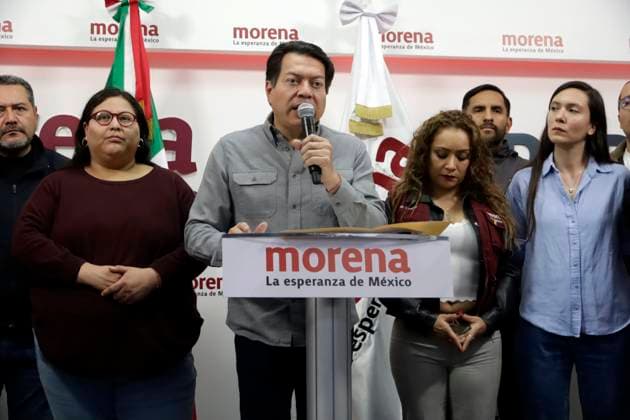 February 10, 2024, Mexico City, Mexico: President of the National Regeneration Movement party (MORENA), Mario Delgado (L) and the general secretary Citlalli Hernandez, during a press conference at the party s national headquarters in Mexico City. on February 10, 2024 in Mexico City, Mexico Mexico City Mexico - ZUMAe321 20240210_zia_e321_009 Copyright: xLuisxBarronx