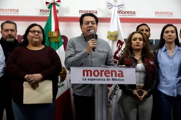 February 10, 2024, Mexico City, Mexico: President of the National Regeneration Movement party (MORENA), Mario Delgado (L) and the general secretary Citlalli Hernandez, during a press conference at the party s national headquarters in Mexico City. on February 10, 2024 in Mexico City, Mexico Mexico City Mexico - ZUMAe321 20240210_zia_e321_011 Copyright: xLuisxBarronx