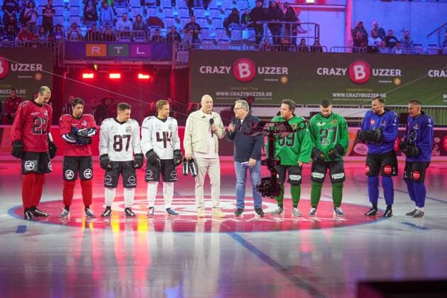 American Ice Football 11 02 2024 The event spectacle in the SAP Arena Mannheim with Elton, Frank Buschmann, Jörn Schlönvoigt, Stefan Mross, Serkan Yavuz, Pascal Hens Mannheim SAP Arena Baden Württemberg