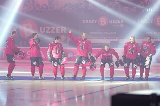 American Ice Football 11 02 2024 The event spectacle in the SAP Arena Mannheim with Northcoast Naughties Pascal Hens, Marco Cerullo , RenÃ Casselly, Moritz Fürste, Paco Herb , Paul Janke, Ailton, Niklas Gorny Mannheim SAP Arena Baden Württemberg
