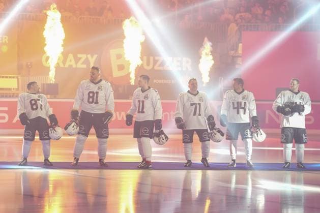 American Ice Football 11 02 2024 The event spectacle in the SAP Arena Mannheim with the Eastie Boys Kevin Kuske, Philip Boy, Felix van Deventer, Evil Jared, Jörn Schlönvoigt, Eric Stehfest, Lars Pape, Henrik Scharnbacher Mannheim SAP Arena Baden Württemberg