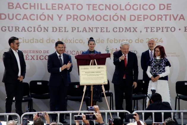 February 12, 2024, Mexico City, Mexico: The President of Mexico, Andres Manuel Lopez Obrador, the head of Government of Mexico City, Marti Batres and The Mexican Minister of Public Education, Leticia Ramirez, during the inauguration of the Technological Baccalaureate of Education and Sports Promotion in the Tepito neighborhood. on February 12, 2024 in Mexico City, Mexico Mexico City Mexico - ZUMAe321 20240212_zia_e321_034 Copyright: xLuisxBarronx