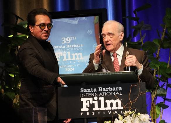 February 12, 2024, Santa Barbara, California, U.S.A: Director Martin Scorsese and SBIFF Exec Director Roger During at the 2024 SBIFF Directors of the Year Award on Feb. 12, 2024 at the historic Arlington Theater in Santa Barbara at the renowned Santa Barbara International Film Festival Santa Barbara U.S.A - ZUMAk144 20240212_znp_k144_075 Copyright: xAmyxKatzx