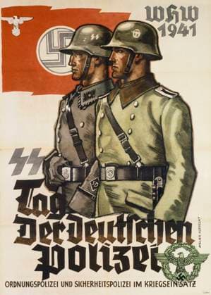 German world war two propaganda poster 1941. Tag der Deutschen Polizei . The WHW, Winterhilfswerk (Winter-help-work), was an annual charitable donation event held by the NS-Volkswohlfahrt (National Socialist - Peoples -welfare) in which personnel from all of the NSDAP organizations would solicit donations from the public, and reward contributors with a wide variety of lapel badges or propaganda booklets. Tag der Deutschen Polizei (Day of the German Police) and Ordnungspolizei und Sicherheitspolizei im Kriegseinsatz (Regular Police and Security Police in the War Effort . The art work was completed by Atelier Albrecht., Copyright: xUnitedxArchivesx xWorldxHistoryxArchivex WHA_103_0695 EDITORIAL USE ONLY !ACHTUNG AUFNAHMEDATUM GESCH TZT!