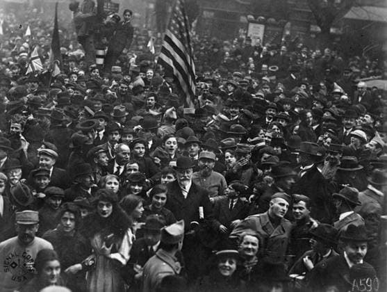Armistice Day in Paris, 1918 (b w photo) 4072723 Armistice Day in Paris, 1918 (b w photo) by American Photographer, (20th century); Private Collection; (add.info.: Paris. Impromptu parades took place in Paris on Armistice Day, November 11th, 1918. Here are American soldiers pushing their way through the great crowds at the Church of the Madeleine, Paris. They are forcing their way towards Place de la Concorde down Rue Royale photographed by United States Army Signal Corp). Copyright: xBridgemanxImagesx 4072723