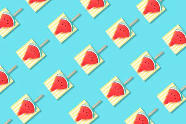 Modern retro color theme pattern of watermelon graphics against an aqua blue background. Modern retro color theme pattern of watermelon graphics against an aqua blue background. Copyright: xMilleflorexImagesx MIL150124-12