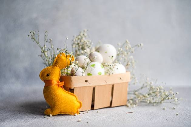 A plush yellow Easter bunny gazes at a basket filled with decorated white eggs and sprigs of baby s breath on a textured grey background Model Released AnnaBogush_ID19528_579171_006 Copyright: xAnnaxBogushx