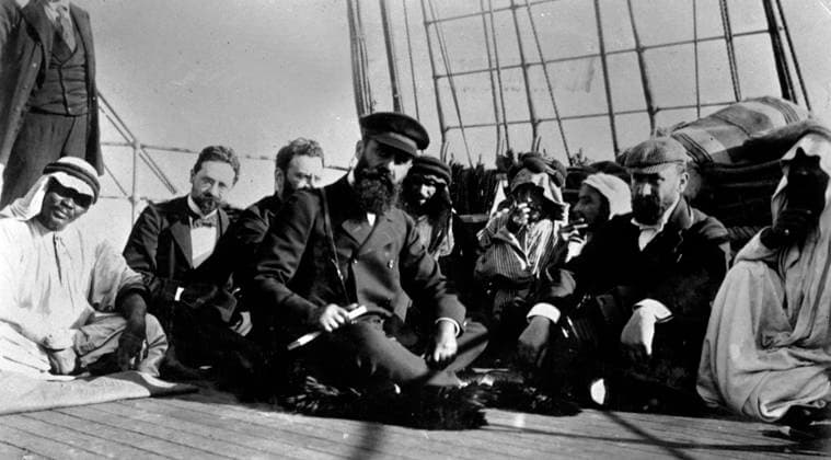 Herzl on a boat sailing to Palestine; 1898. Theodor Herzl (1860 - 1904), Austro-Hungarian journalist, playwright, political activist, and writer who was the father of modern political Zionism. Herzl formed the Zionist Organization and promoted Jewish immigration to Palestine in an effort to form a Jewish state. Though he died before its establishment, he is known as the father of the State of Israel., Copyright: xUnitedxArchivesx xWorldxHistoryxArchivex WHA_171_0558 EDITORIAL USE ONLY !ACHTUNG AUFNAHMEDATUM GESCHÄTZT!