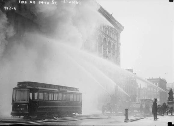 Firemen spraying burning building on 14th St. New York City, 1909 (b w photo) 5042939 Firemen spraying burning building on 14th St. New York City, 1909 (b w photo) by Bain, George Grantham - Bain News Service (1865-1944); Private Collection. Copyright: xBridgemanxImagesx 5042939