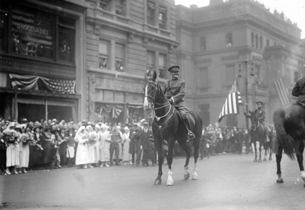 U.S. General John J. Pershing on Horseback Leading World War I Veterans during Parade, New York City, 1919 (b w photo) 5055788 U.S. General John J. Pershing on Horseback Leading World War I Veterans during Parade, New York City, 1919 (b w photo) by Bain, George Grantham - Bain News Service (1865-1944); Private Collection; (add.info.: On September 10, 1919, nearly a year after World War I ended, General Pershing led a victory parade down New York City™s Fifth Avenue). Copyright: xBridgemanxImagesx 5055788