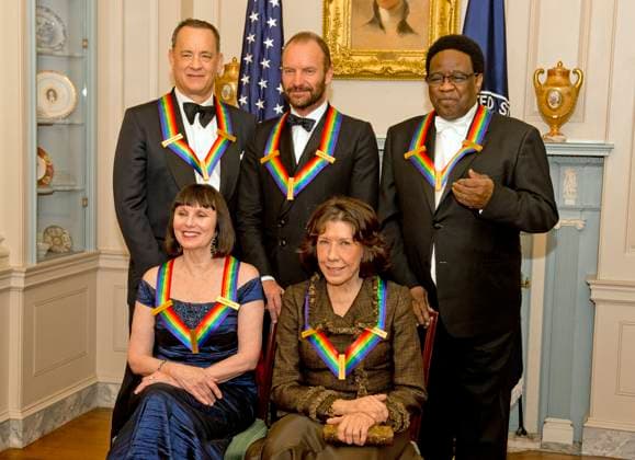 The five recipients of the 2014 Kennedy Center Honors pose for a group photo following a dinner hosted by United States Secretary of State John F. Kerry at the U.S. Department of State in Washington, D.C. on Saturday, December 6, 2014. The 2014 honorees are: actor and filmmaker Tom Hanks, top left; singer-songwriter Sting, top center; singer Al Green, top right; ballerina Patricia McBride, bottom left; and comedienne Lily Tomlin, bottom right. Credit: Ron Sachs Pool via CNP EDITORIAL USE ONLY Copyright: xx x cnpphotos051108