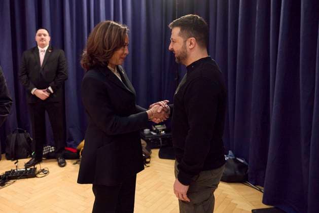 News Themen der Woche KW07 February 17, 2024, Munich, Germany: Ukrainian President Volodymyr Zelenskyy, right, greets U.S. Vice President Kamala Harris, left, before a bilateral meeting on the sidelines of the 60th Munich Security Conference at the Hotel Bayerischer Hof, February 17, 2024 in Munich, Germany. Munich Germany - ZUMAp138 20240217_zaa_p138_030 Copyright: xPoolx UkrainianxPresidentiax