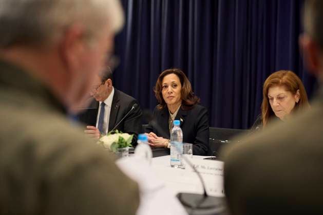 February 17, 2024, Munich, Germany: U.S. Vice President Kamala Harris, center, listens to Ukrainian chief of presidential staff Andriy Yermak, right, during an expanded bilateral meeting on the sidelines of the 60th Munich Security Conference at the Hotel Bayerischer Hof, February 17, 2024 in Munich, Germany. Munich Germany - ZUMAp138 20240217_zaa_p138_036 Copyright: xPoolx UkrainianxPresidentiax