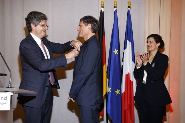 Francois Delattre, the French Ambassador with award winners Martin Kochendoerfer and Leila Hamid both X Verleih AG at the award ceremony of the Order of the Chevalier for Art and Literature during the Berlinale Soiree Francaise du Cinema at the French Embassy on 19 02 2024 in Berlin Berlinale Soiree Francaise 2024 Award of the Chevalier Order for L