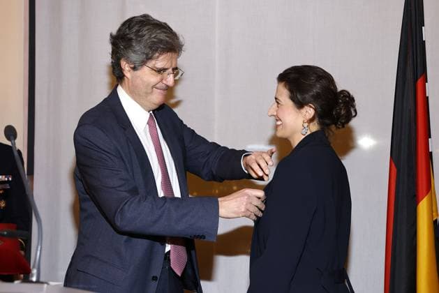 Francois Delattre, the French Ambassador with the award winner Leila Hamid X Verleih AG at the award ceremony of the Order of the Chevalier for Art and Literature during the Berlinale Soiree Francaise du Cinema at the French Embassy on 19 02 2024 in Berlin Berlinale Soiree Francaise 2024 Award of the Chevalier Order for Leila Hamid Martin Kochendoerfer