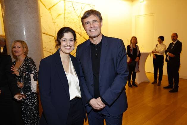 The two award winners Leila Hamid and Martin Kochendoerfer both X Verleih AG at the award ceremony of the Order of the Chevalier for Art and Literature during the Berlinale Soiree Francaise du Cinema at the French Embassy on 19 02 2024 in Berlin Berlinale Soiree Francaise 2024 Award of the Chevalier Order for Leila Hamid Martin Kochendoerfer